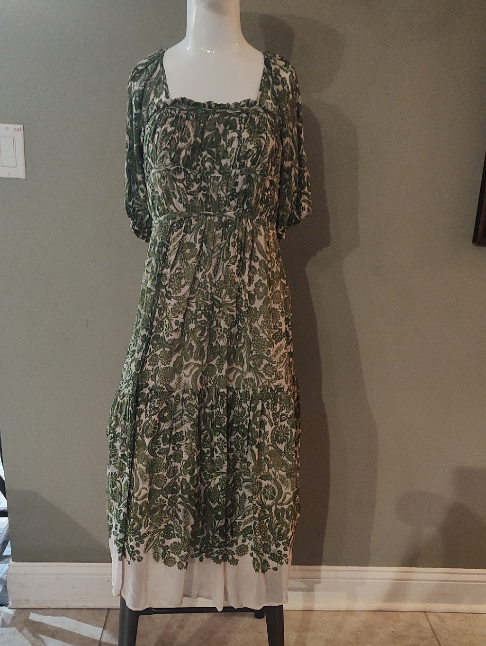 Anthropologie Green Boho Ethereal Dress Smocked